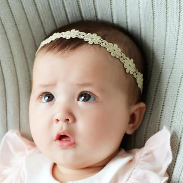 Kenjudess Gold Lace Elastic Headband for Baby Girl Flower Leaf Stretch Toddler Hairband Soft Lace Hair Accessories for Infants Toddlers Kids (Flower)