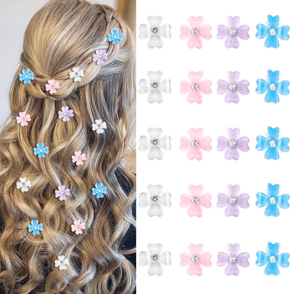 YISSION 20Pcs Mini Flower Hair Clips with Rhinestone Cute Hair Pins Decorative Hair Clips Wedding Hair Barrettes Bridal Hair Accessories for Girls Women 4 Colors