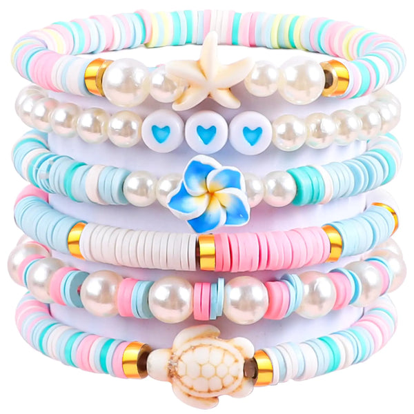 6Pcs Preppy Bracelets for Women Clay Bead Friendship Bracelet Preppy Jewelry Colorful Polymer Clay Pearl Beaded Stretch Bracelets（Marine Style）