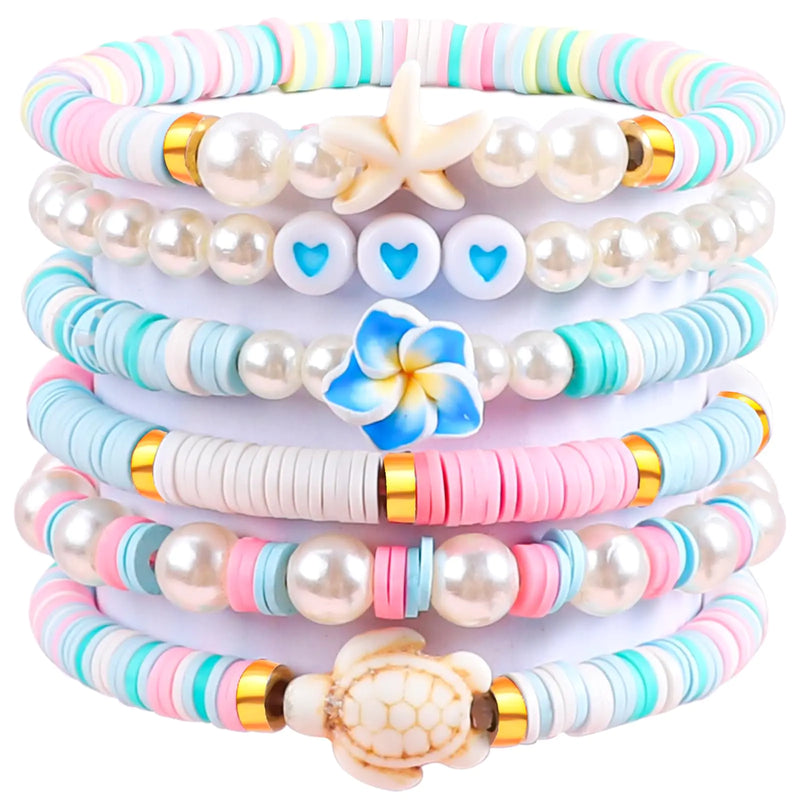 6Pcs Preppy Bracelets for Women Clay Bead Friendship Bracelet Preppy Jewelry Colorful Polymer Clay Pearl Beaded Stretch Bracelets（Marine Style）