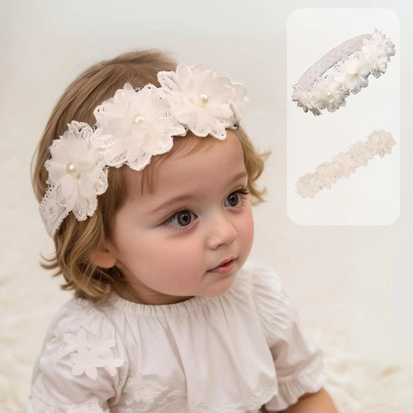 Rannyrena Cute Lace Flower Baby Girls Headband Elastic Floral Head Wrap Baby BirthdayTurban Hairband for Newborn Infant Toddler Kids (White C Adjustable)